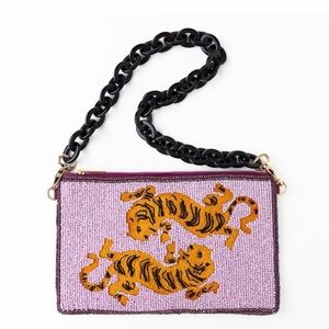 Beaded Tiger Design Shoulder Bag - Purple and Black